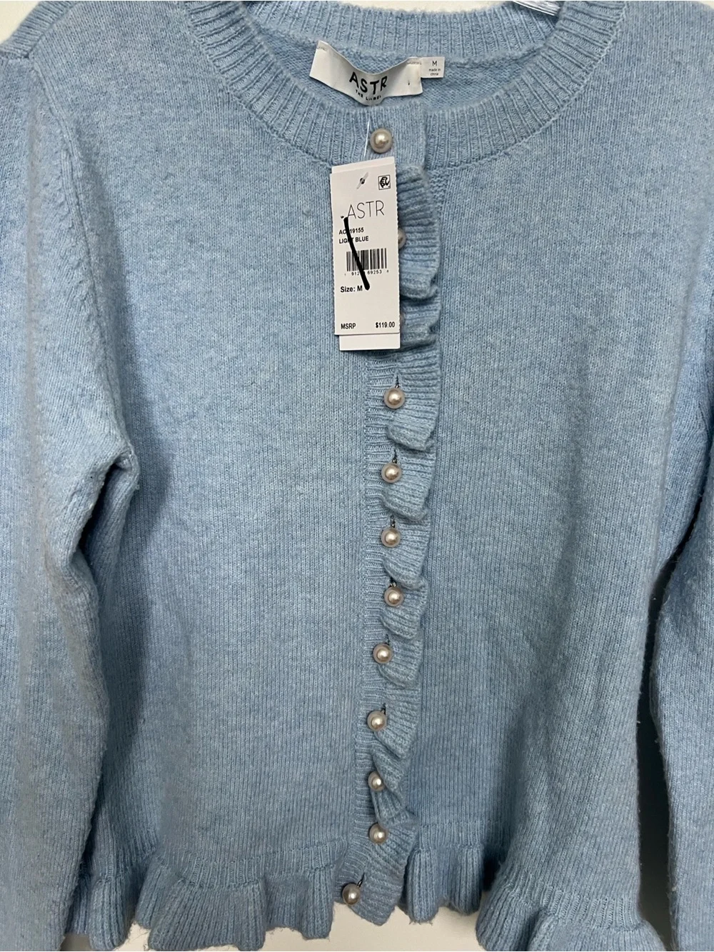 ASTR Sky Blue Eowyn Ruffle-Pearl Knit Cardigan